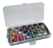 Bobbin box with 28 plastic bobbins and thread